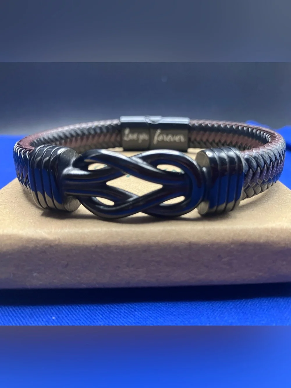 Joycuff Men’s Brown Infinity Knot Leather Bracelet with Engraved Clasp